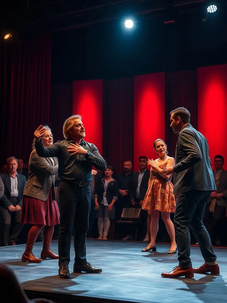 A vibrant photo of a local theater performance with community members of all ages on stage, expressive lighting, and an engaged audience in a small town hall.