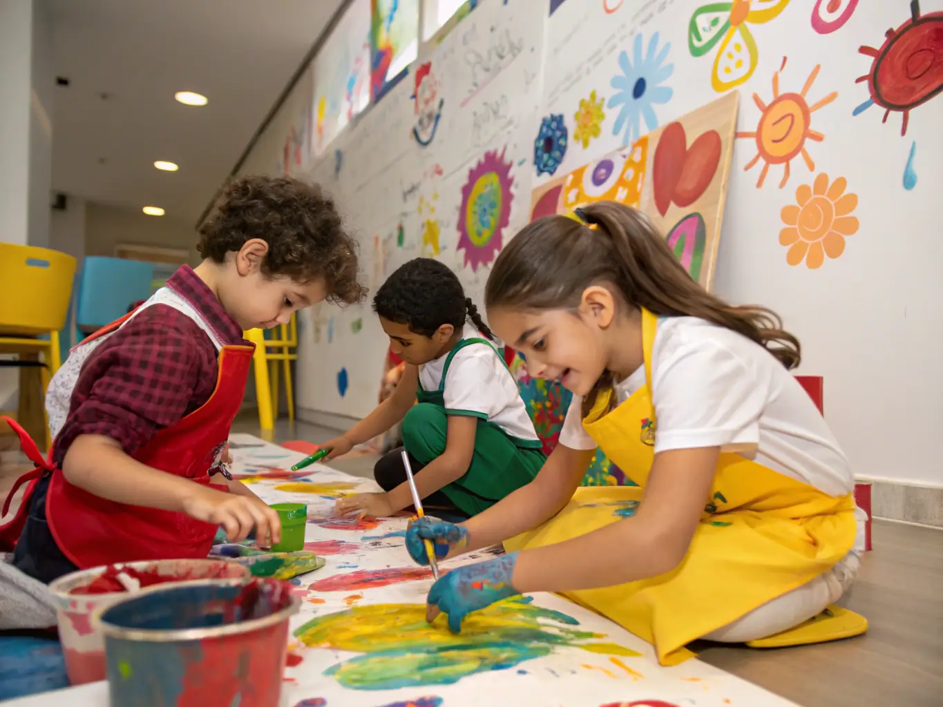 Une photo colorée d’un atelier artistique intergénérationnel, avec des enfants et des adultes peignant ensemble sur de grandes toiles dans une salle lumineuse, illustrant la convivialité et la créativité partagée.