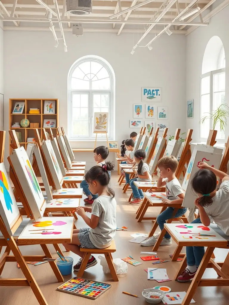 A colorful image of a hands-on painting workshop, with children and adults painting together at long tables, surrounded by art supplies and finished artworks.