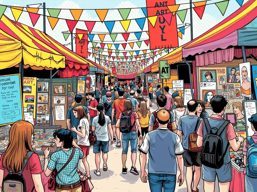 Image d’une grande fête de quartier en 2020, avec des stands, des animations et des habitants réunis sous des guirlandes colorées.