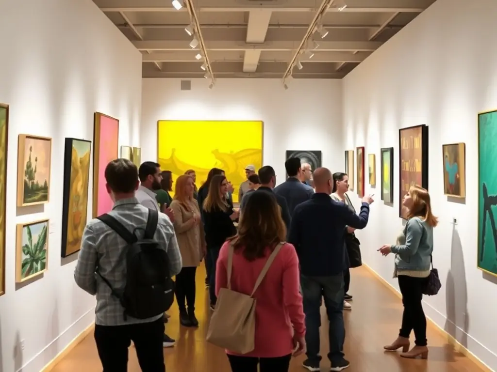 Une photo d’une exposition d’art locale, montrant des œuvres accrochées dans une salle municipale, des visiteurs discutant et un guide expliquant une peinture à un groupe d’enfants.