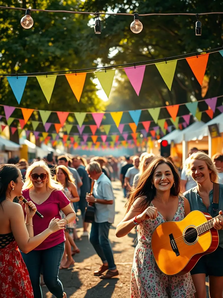 A lively outdoor scene of a summer festival with food stalls, traditional music, folk dancers in costume, and families enjoying the festivities under festive banners.