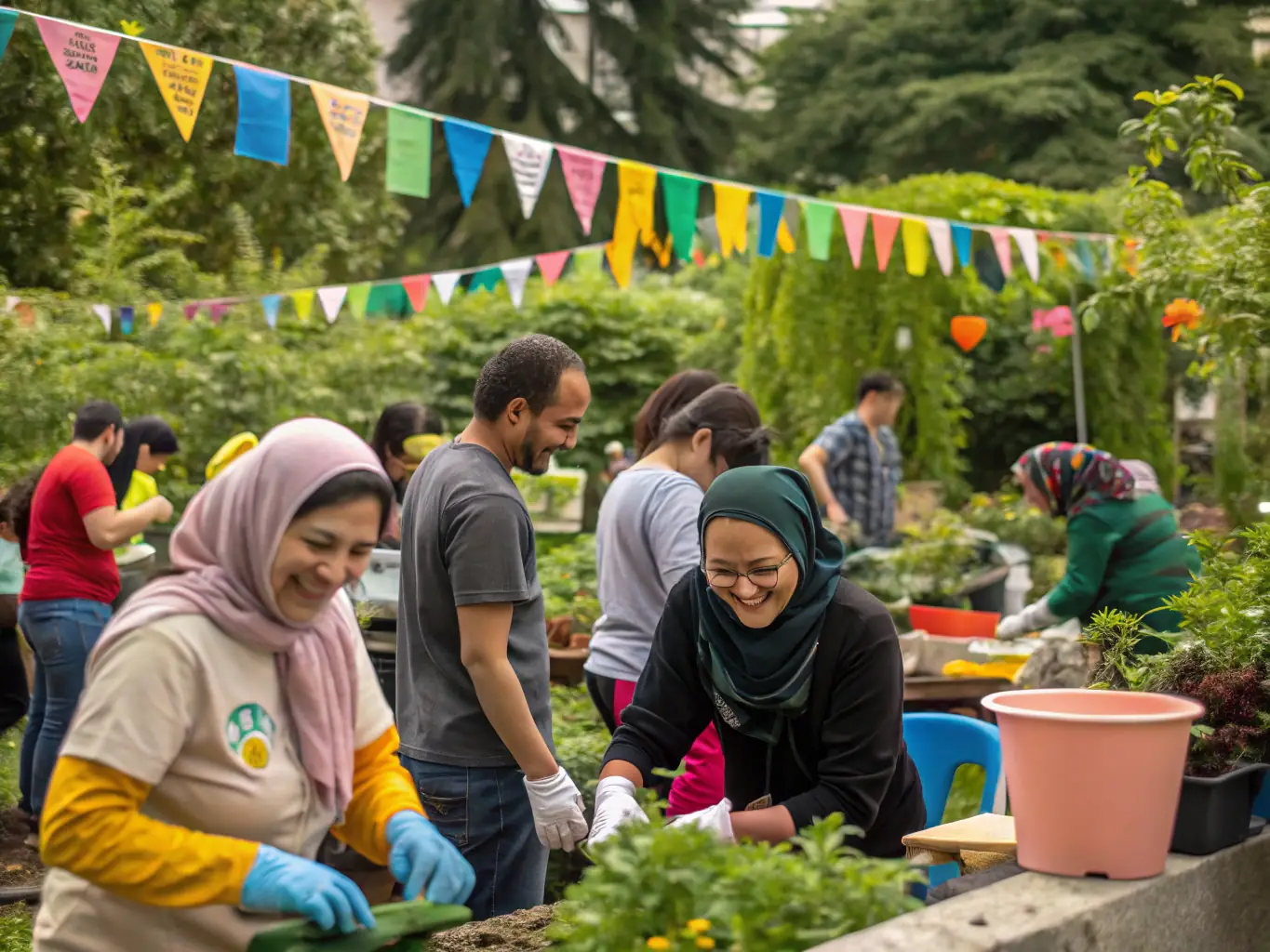 Image d’un groupe de bénévoles souriants tenant une banderole « 10 ans d’actions » lors d’un événement en 2026.