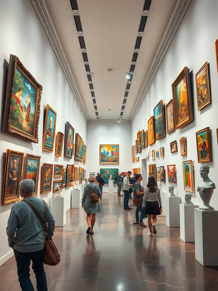 A welcoming photo of a community art exhibition, with visitors admiring paintings and sculptures, and artists discussing their work in a bright, modern space.