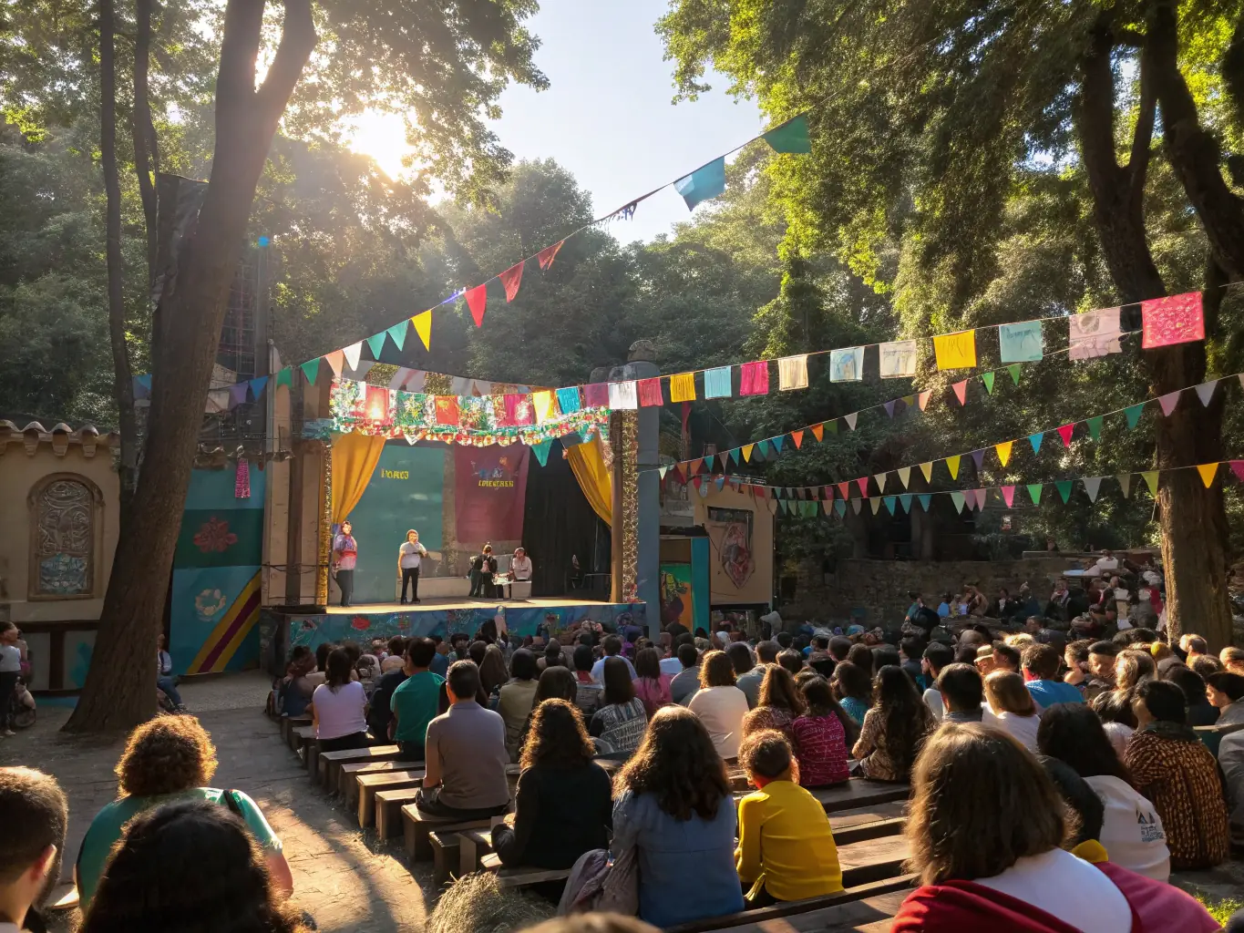 Une image vivante d’un spectacle en plein air organisé par l’association, avec des artistes locaux sur scène, des familles assises sur l’herbe et des sourires dans le public.
